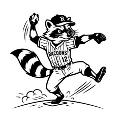 Fototapeta premium A cartoon raccoon mascot in a baseball uniform pitches a ball on a baseball field, illustrating team spirit and sports. vector illustration