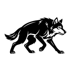 Obraz premium A black and white illustration of a wolf in a dynamic pose, showcasing its sleek physique and predatory intensity. vector illustration