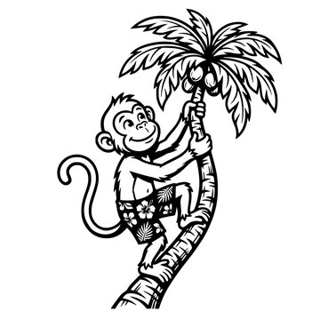 A cartoon monkey with a cheerful expression climbs a palm tree, wearing swim trunks. The black and white illustration depicts a whimsical tropical scene. vector illustration