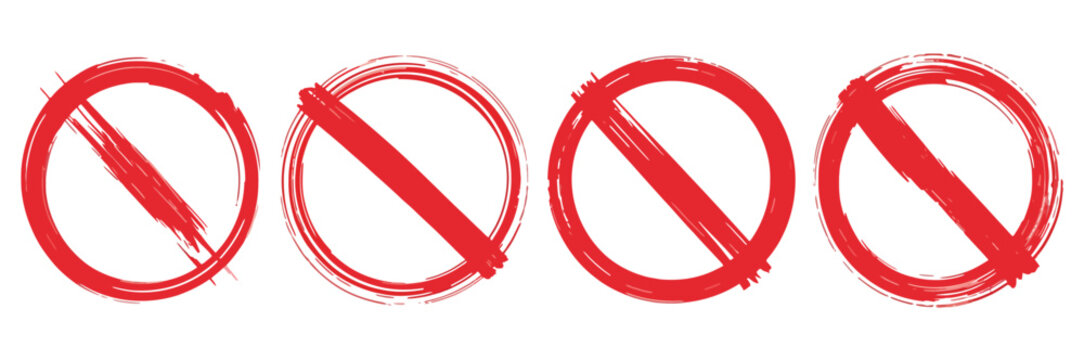 Circle Prohibition Icons Ink Brush Stroke Drawing Vector Set with Hand Painted Warning Symbols and Artistic No Sign Elements