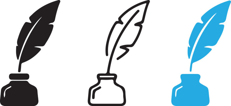Quill pen and inkwell icons in black, outline, and blue