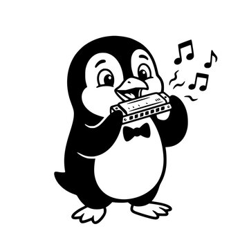 A charming cartoon penguin wearing a bowtie plays a harmonica with musical notes floating around its head, depicted in a playful and artistic style. vector illustration