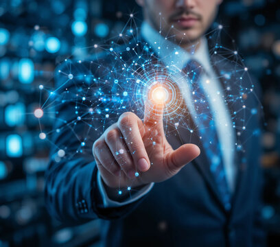 Abstract: AI technology and big data networks, deep learning and algorithms, data science and innovation, businessmen contact a data flow on a worldwide network, and quick connections.