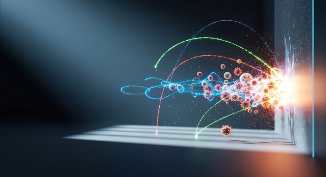 Glowing particles and virus-like spheres shatter against an abstract digital wall, representing cybersecurity and data protection concepts