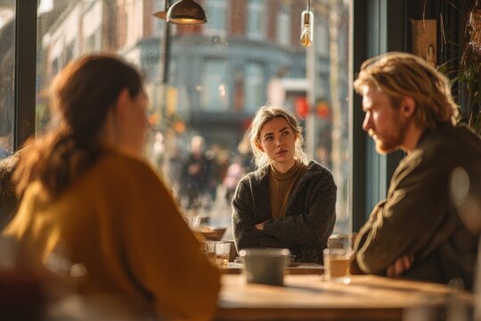 Angry girlfriend confronts a disloyal partner in a busy cafe