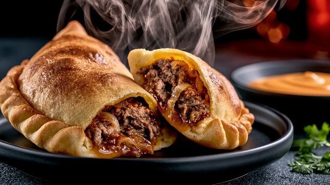 Golden beef empanada sliced open on matte black plate tender meat filling and caramelized onions steaming moody lowlight setting with subtle bokeh background and spicy aioli on the