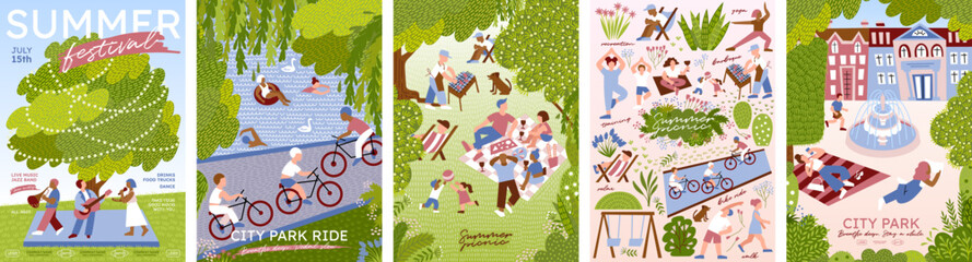 Fototapeta na wymiar Summer festival in the park and picnic. Vector illustrations of a scene with musicians, bike ride, music, lake, fountain, trees, people relaxing, concert, barbecue, swimming in the river, nature, cit
