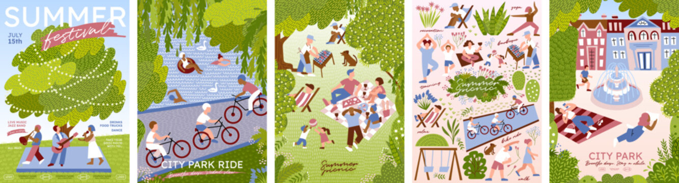 Summer festival in the park and picnic. Vector illustrations of a scene with musicians, bike ride, music, lake, fountain, trees, people relaxing, concert,  barbecue, swimming in the river, nature, cit