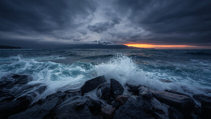 Fototapeta premium 荒れる海の向こうに富士山が霞む嵐前の海岸風景写真
