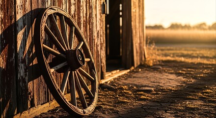 Obraz premium Aged wooden wagon wheel leans on a weathered barn wall at golden hour, offering nostalgic rural charm and ample copy space