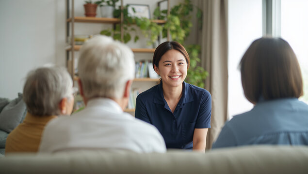 明るい自宅で日本人介護スタッフが家族に笑顔で相談する写真