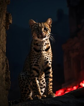 A  oncilla , northern tiger cat genetic hybrid experiment fantasy animal, fictional species in moonlit ruins