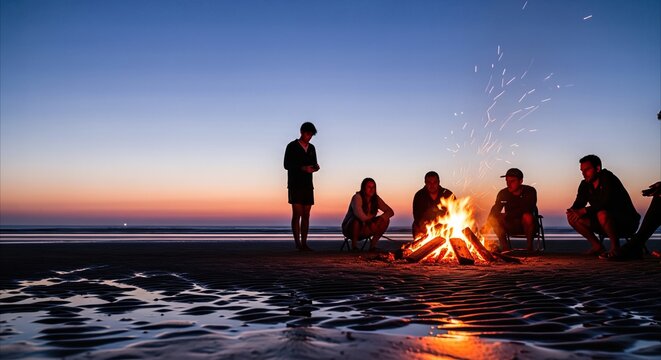 Friends gathered around a beach campfire at twilight, enjoying warm firelight and ocean sunset over glistening sand.