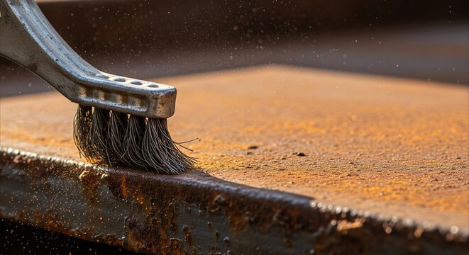 Wire brush cleaning rust from metal surface, industrial restoration, detailed close-up, sparks flying