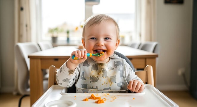 Happy toddler self-feeding in high chair with orange food, enjoying mealtime independence in bright dining room