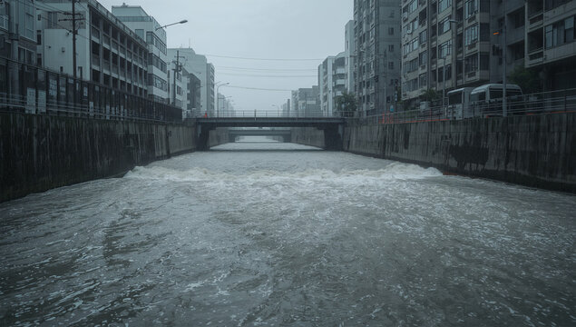 大雨で増水した日本の都市河川と橋を写した防災向け写真