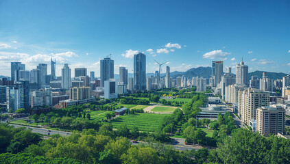 Fototapeta premium 都市景観に再生可能エネルギーと環境データが重なる写真