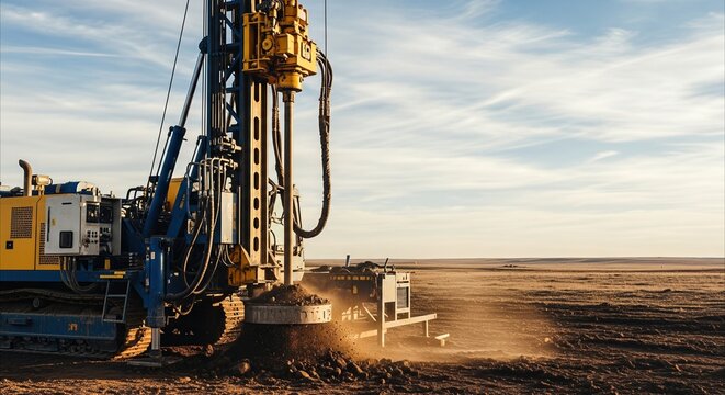 Heavy-duty drilling rig excavating earth on a vast, open landscape during golden hour