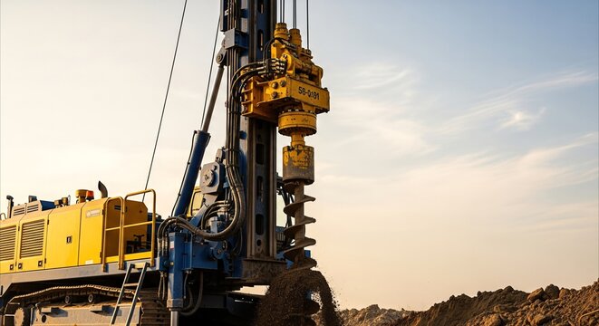 Heavy-duty water drilling rig excavating earth with auger during outdoor construction project at golden hour