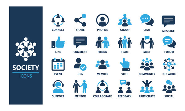 Social media community icons set, corporate business network, public society communication, online team collaboration, digital marketing forum elements.