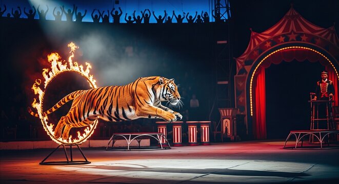 Majestic tiger leaps through a flaming hoop in a vibrant circus arena with dramatic spotlights and an engaged audience watching