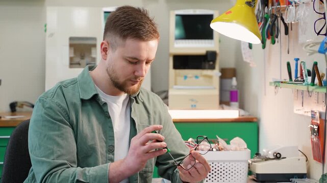 Young male optician repairing eyeglasses frame