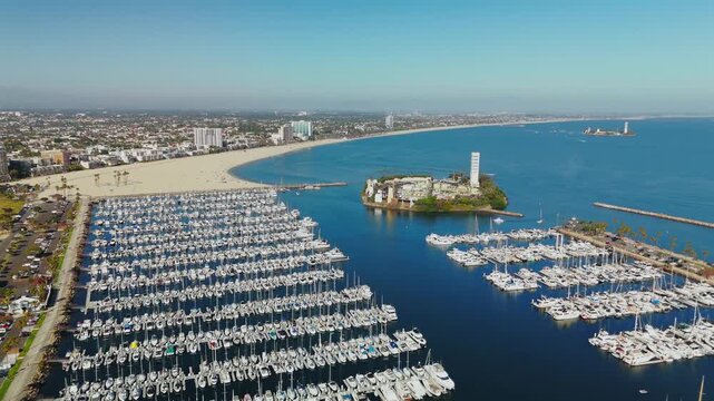 Drone view of Long Beach marina island and Pacific shoreline