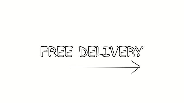Free delivery. Contour drawing business text animation with arrow, direction. Continuous line word. Isolated message on white. Video 4k object illustration self-drawing. Minimalist continuous line dra