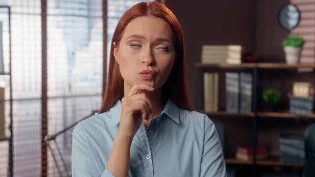 Portrait Caucasian hesitate business woman thinking idea pensive businesswoman think in company office student girl pondering education question female specialist consider solution searching answer