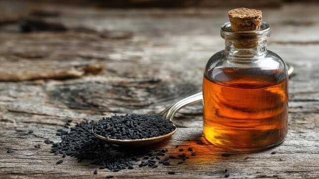 Close-up of black cumin seeds with a glass oil bottle on warm wooden surface
