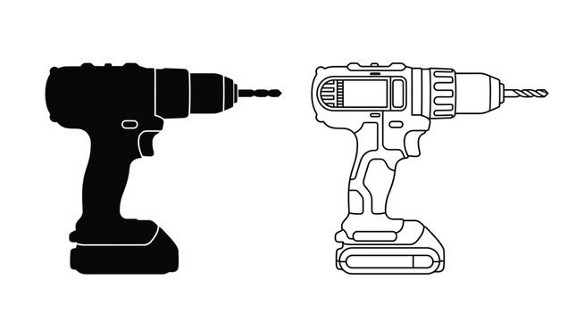 Drill silhouette and line drawing on a white background