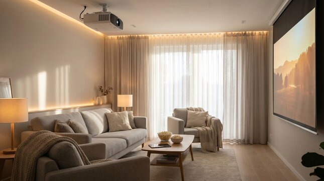 A modern living room with a ceiling-mounted projector and a large screen displaying a sunset. The atmosphere is warm and cozy with soft lighting and snacks. Ideal for home movie nights.