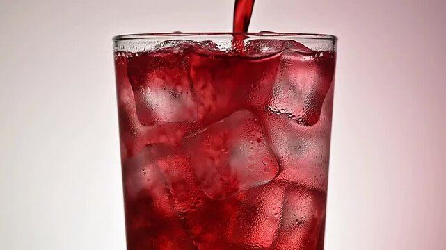 Clear Glass Cup of Raspberry Lemonade with Ice Pouring Isolated on a Pale Background for Refreshing Summer Beverage Promotions