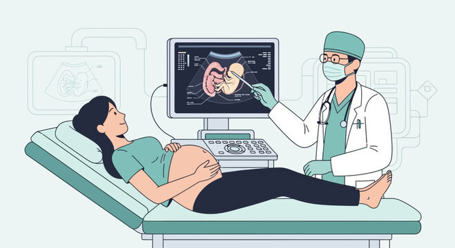 Pregnant woman undergoing ultrasound scan with doctor pointing at screen