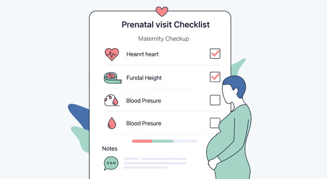 Pregnant woman's prenatal visit checklist on screen, maternity checkup concept