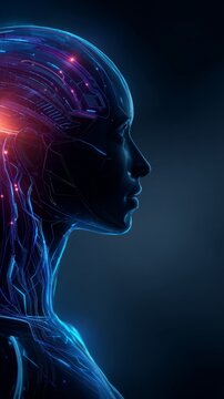 Futuristic digital human head in profile view with glowing neural network and vibrant blue circuitry. Artificial intelligence concept art blending technology and human evolution in a dark background