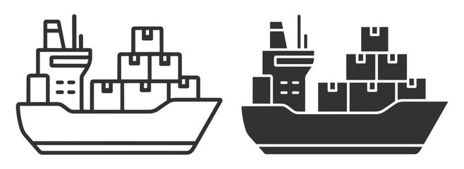 cargo ship line and solid black icons, container vessel silhouette, maritime freight transportation on transparent background © gerik_a
