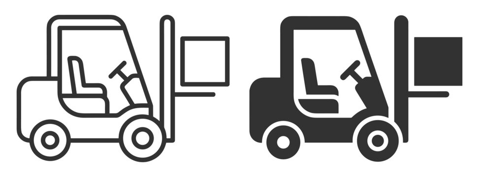 forklift loader industrial vehicle outline and solid icon set on transparent background