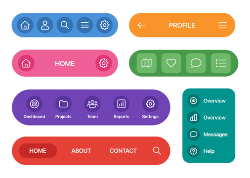 Modern Navigation Menu UI Kit With Colorful Dashboard Buttons and Mobile Interface Elements Collection