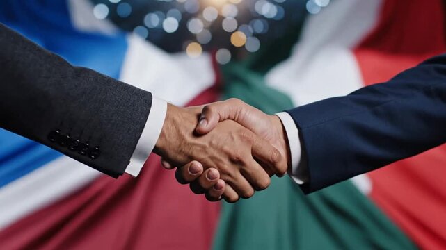 Business handshake against international flags for global partnership and diplomatic agreement concept