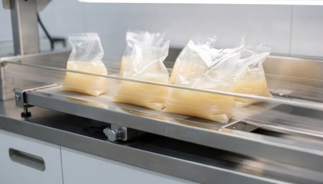 Medium shot of a single platelet agitator rack with constant motion trays focusing on clear storage bags gently moving to preserve sample integrity.