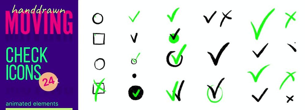 Dynamic graphic elements featuring animated checkmarks and crosses suitable for illustrating decisions, task progress, user feedback, verification in business or educational content, and presentations