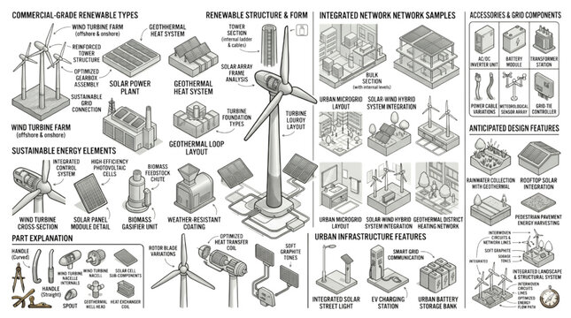 Detailed CAD illustration of integrated renewable energy systems and smart urban infrastructure networks showcasing sustainable technology for modern cities