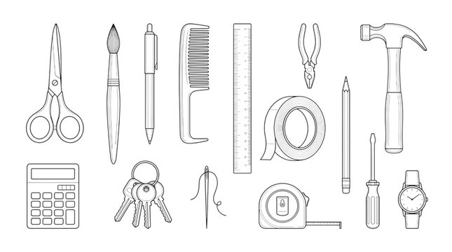 Essential tools and creative supplies collection for technical design, highlighting precision and utility, perfectly suited for detailed CAD project planning and practical applications