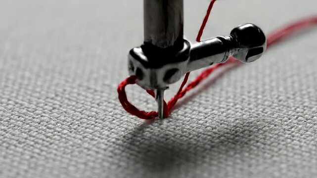 Close-Up Detail of a Sewing Needle Inserting Red Thread Through Textured Fabric for Crafting and Embroidery Projects