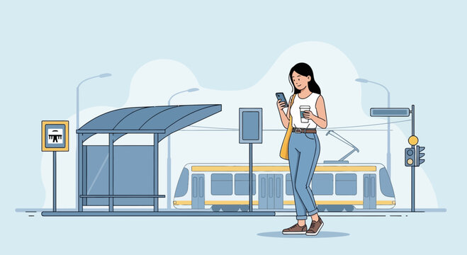 Woman with smartphone and coffee at tram station, waiting for public transport