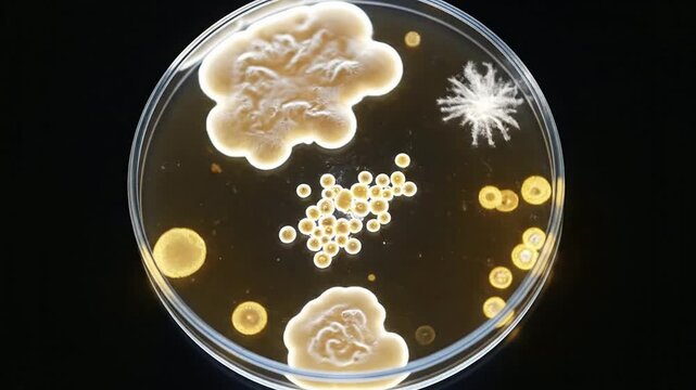Close-Up Discovery Of Microorganisms In Petri Dish Highlighting Their Unique Shapes And Textures In Scientific Research Background