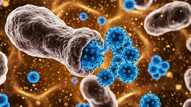 Close-Up Macro View Of Colorful Bacteria And Viruses On Abstract Background For Scientific And Medical Education