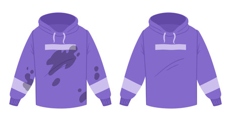 Dirty and clean hoodie. Hooded sweatshirt before and after washing comparison clothing flat vector illustration. Casual apparel cleaning © GreenSkyStudio