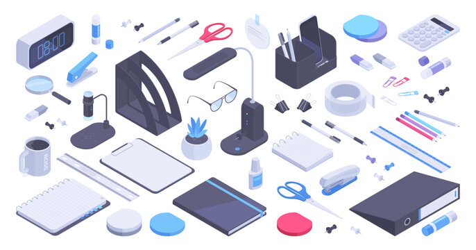 Isometric stationery. Office supplies, school stationery and workplace accessories for education and business design flat vector illustration set. Desk equipment isolated on white background